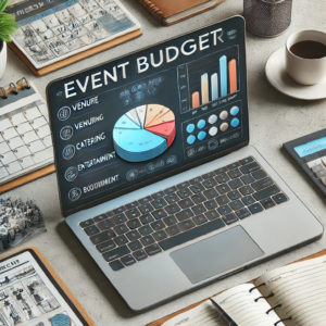 Työpöydällä oleva näyttö esittää tapahtuman budjetointikaavion, ympäröitynä muistiinpanoilla, kalentereilla ja kahvikupilla.