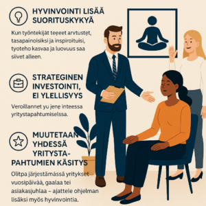 Infografiikka hyvinvoinnin roolista liiketoimintastrategiassa.